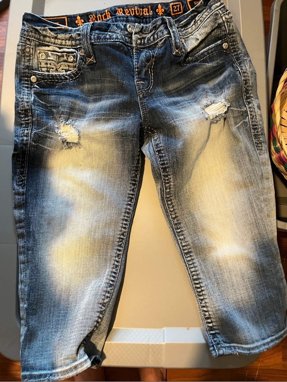 Rock Revival Distressed Blue Wash Cropped Jeans